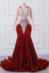 Straps Red Beading Sequin Prom Dresses Mermaid Long Party Dresses