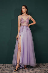 Stunning Front Split Spaghetti Straps Long A Line Beaded Prom Dresses