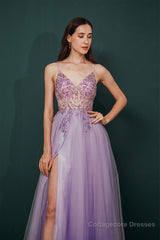 Stunning Front Split Spaghetti Straps Long A Line Beaded Prom Dresses