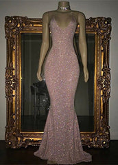 Stunning Long Halter Spaghetti Straps Sequined Mermaid Prom Dresses