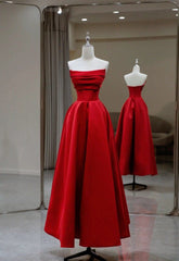 Stylish Red Satin Backless Pleated A Line Evening Gown Prom Dress