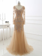 Sweep Train Long Evening Dresses Sequins Open Back Long Sleeves