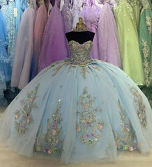 Sweetheart Ball Gown Tulle Blue Strapless Quinceanera Dresses