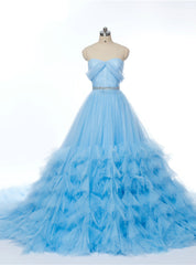 Sweetheart Blue Ruched Crystal Tulle Bridal Train Wedding Dresses