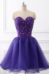 Sweetheart Neck Beaded Dark Purple Short Prom Dress, Strapless Dark Purple Homecoming Dress, Dark Purple Beaded Formal Evening Dress