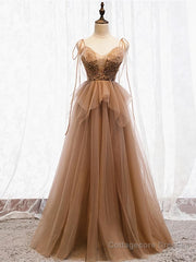 Sweetheart Neck Floor Length Champagne Lace Prom Dresses, Long Champagne Lace Formal Evening Dresses