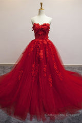 Sweetheart Neck Red Lace Floral Long Prom Dresses, Red Lace Formal Evening Dresses, Red Ball Gown