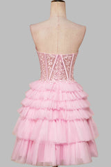 Sweetheart Pink Lace Corset Tiered Short Homecoming Dress