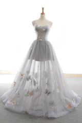 Gray Long Prom Dress with Butterfly, New Arrival Unique Evening Dress