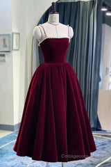 Tea Length Velvet Prom Dresses, Velvet Tea Length Formal Homecoming Dresses