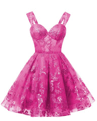 Teens Sparkly Tulle Fuchsia Homecoming Dresses Spaghetti Straps Short Cocktail Party Prom Dresses