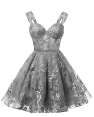 Teens Sparkly Tulle Gray Homecoming Dresses Spaghetti Straps Short Cocktail Party Prom Dresses