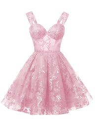 Teens Sparkly Tulle Light Pink Homecoming Dresses Spaghetti Straps Short Cocktail Party Prom Dresses