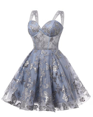 Teens Sparkly Tulle Gray Homecoming Dresses Spaghetti Straps Short Cocktail Party Prom Dresses