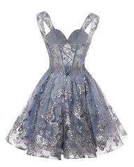 Teens Sparkly Tulle Dusty Blue Homecoming Dresses Spaghetti Straps Short Cocktail Party Prom Dresses