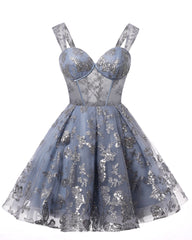 Teens Sparkly Tulle Dusty Blue Homecoming Dresses Spaghetti Straps Short Cocktail Party Prom Dresses