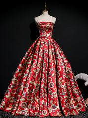 The Best Red Ball Gown Satin Strapless Print Pleats Quinceanera Dresses With Train