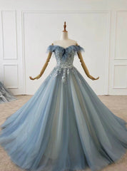 To Fit Your Style Blue Ball Gown Tulle Off the Shoulder Appliques Beading Sequins Prom Dresses