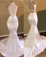 Trendy White Mermaid High-Neck Sleeveless Prom Party Gowns