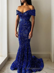 Trumpet/Mermaid Off-the-Shoulder Sweep Train Velvet Sequins Evening Dresses