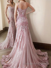 Trumpet/Mermaid Spaghetti Straps Sweep Train Lace Evening Dresses With Appliques Lace