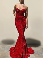 Trumpet/Mermaid Sweetheart Court Train Velvet Sequins Prom Dresses With Ruffles