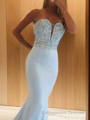 Trumpet/Mermaid Sweetheart Sweep Train Satin Prom Dresses With Beading