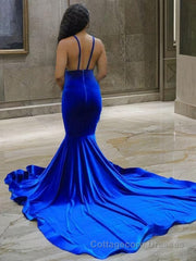 Trumpet/Mermaid V-neck Court Train Elastic Woven Satin Prom Dresses With Appliques Lace