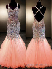 Trumpet/Mermaid V-neck Floor-Length Tulle Prom Dresses With Rhinestone