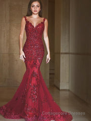 Trumpet/Mermaid V-neck Sweep Train Tulle Evening Dresses With Appliques Lace