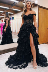 Tulle Appliques Off-the-Shoulder Ruffle Long Prom Dress