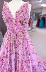 Tulle Floral Print Long Prom Dresses with Ruffle Embellishments