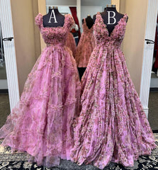 Tulle Floral Print Long Prom Dresses with Ruffle Embellishments