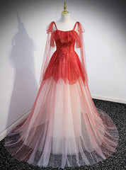 Tulle Sequins Straps Beading Prom Dresses