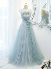 Tulle Spaghetti Straps Beading Prom Dress