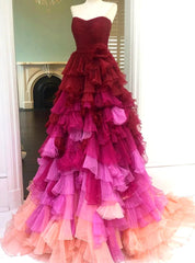 Tulle Strapless Tiers Pleats Prom Dresses