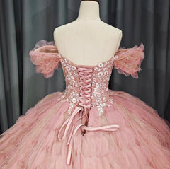 Tulle Tufted Pink Floral Quinceaera Ball Gown Dress