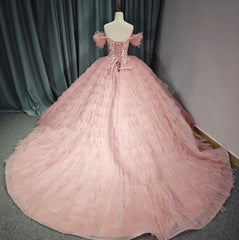 Tulle Tufted Pink Floral Quinceaera Ball Gown Dress