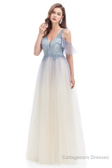 Tulle V-neck Beading Long Prom Dresses