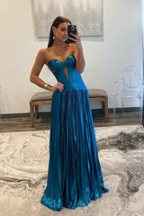 Turquoise Sweetheart Metallic Pleated Long Formal Dresses With Slit