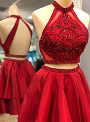 Two Piece Red Satin Halter Backless Homecoming Dresses With Crystal