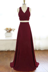 Two Piece V Neck Long Burgundy Prom Dresses Evening Dresses