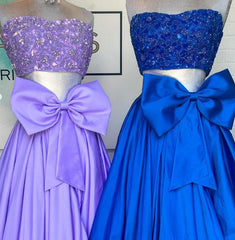 Two Pieces Long Prom Dresses with Beaded Top and Bow