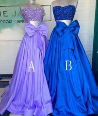 Two Pieces Long Prom Dresses with Beaded Top and Bow