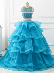 Two Pieces Sweet Princess Dresses Prom Party Dress with Beaded Ruffles