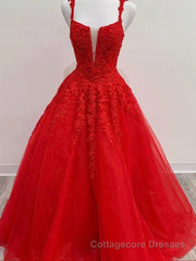 Red Tulle Lace A Line Formal Evening Dresses Appliques Long Prom Dresses