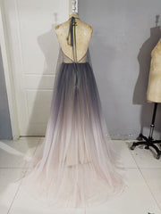 Unique A line V Neck Tulle Long Prom Dress, Tulle Evening Dress