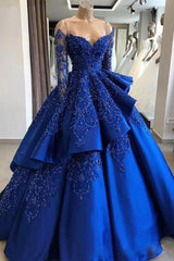 Unique blue lace long prom dress, blue long evening dress