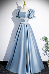 Unique Blue Satin Long Prom Dresses, A-Line Short Sleeve Blue Evening Dresses