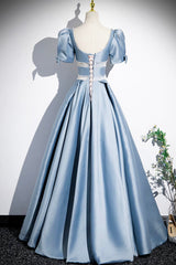 Unique Blue Satin Long Prom Dresses, A-Line Short Sleeve Blue Evening Dresses